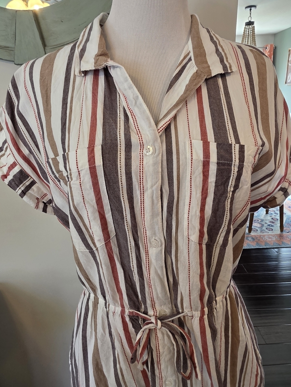 Japna Large 100% Cotton Multicolor Striped Shirt Dress Short Sleeve Button Front - Picture 4 of 12